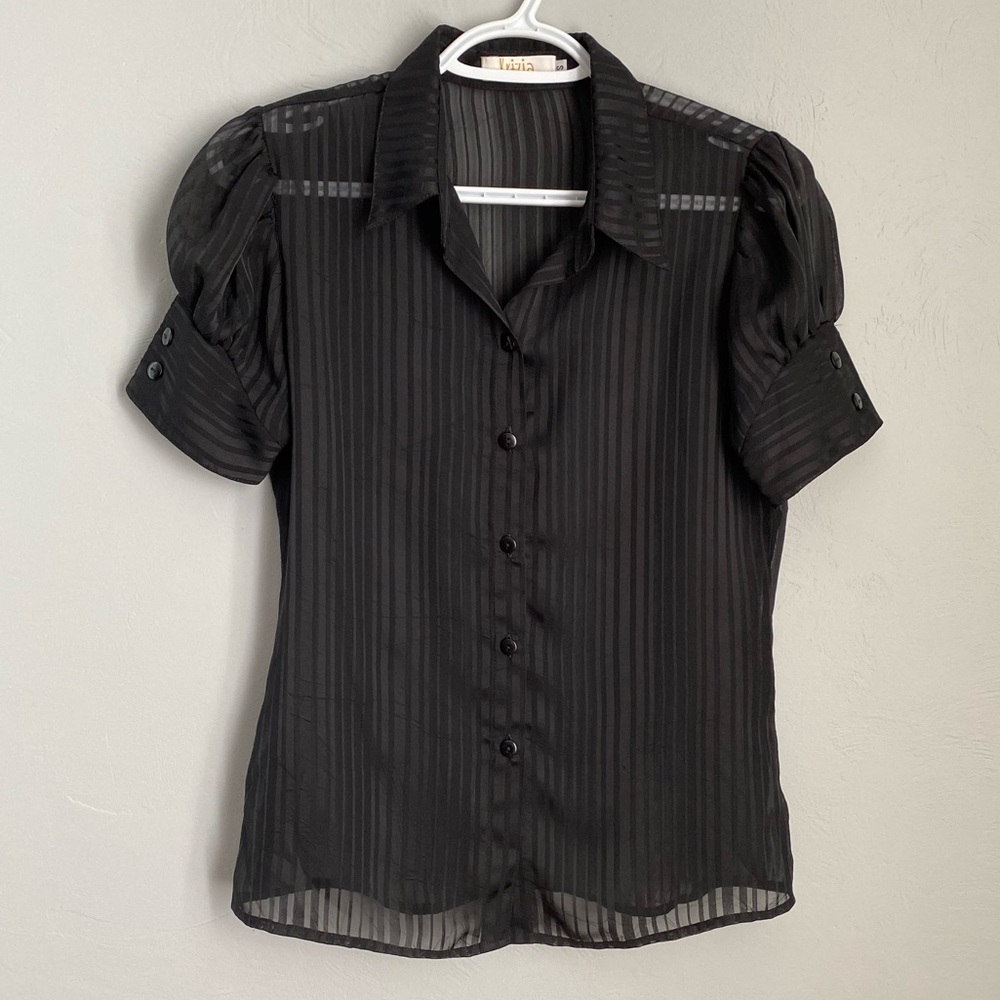 KRIZIA Black Sheer Buttoned Blouse Puffy Sleeves